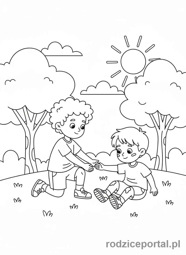 Kolorowanka Pierwsza Pomoc - Przyjaciele pomagający sobie