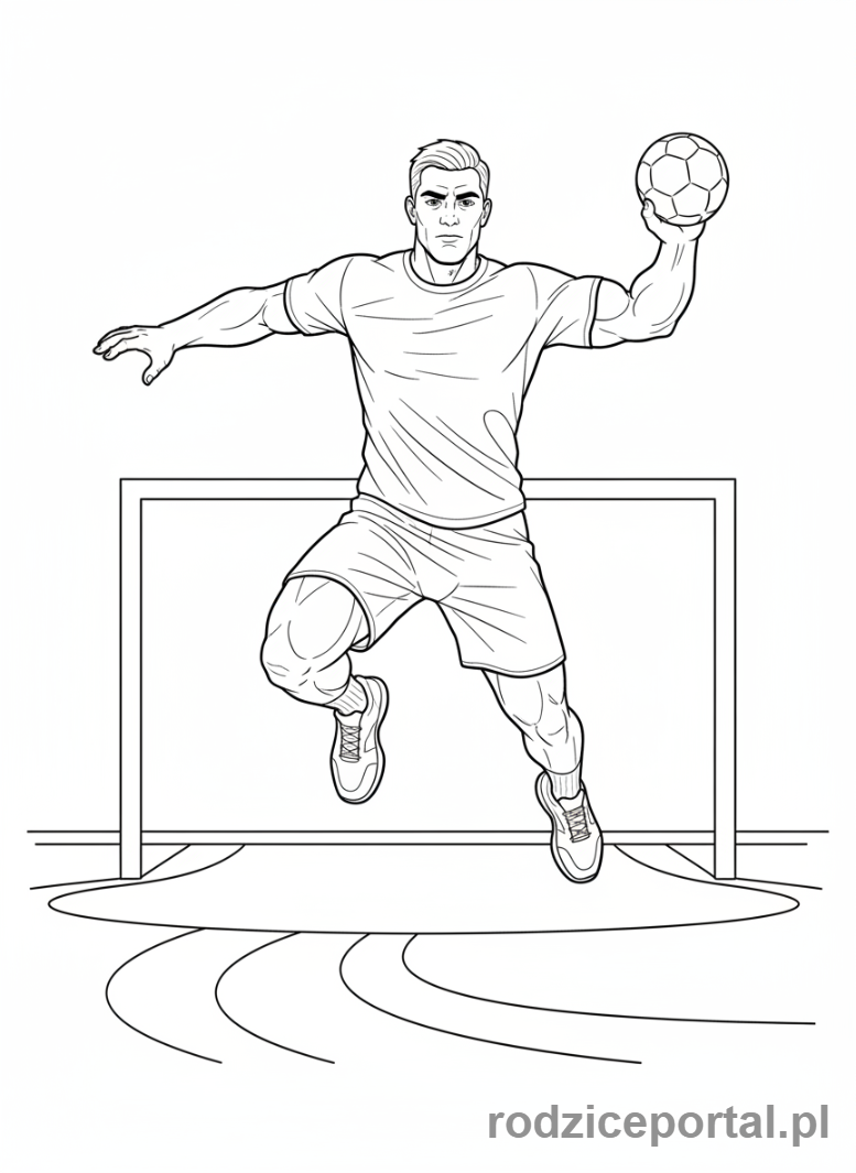Kolorowanka Piłka Ręczna - Zawodnik wyskakujący do rzutu