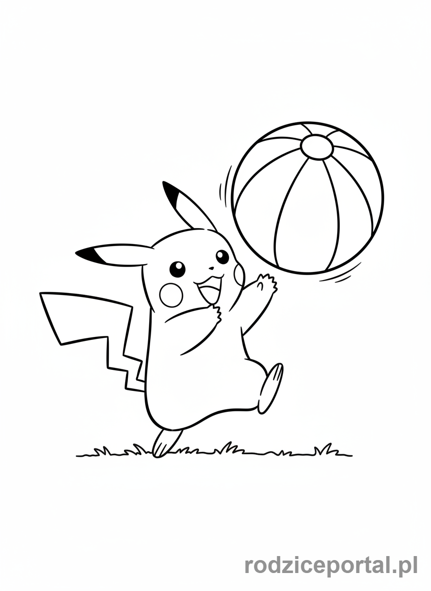 Kolorowanka Pikachu - Pikachu bawiący się dużą, skaczącą piłką.