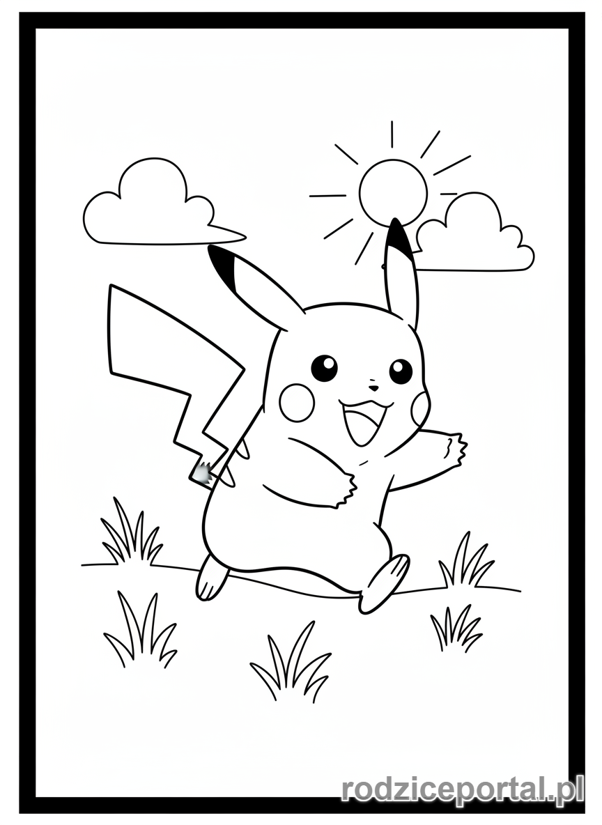 Kolorowanka Pikachu - Pikachu biegnący radośnie po polu.
