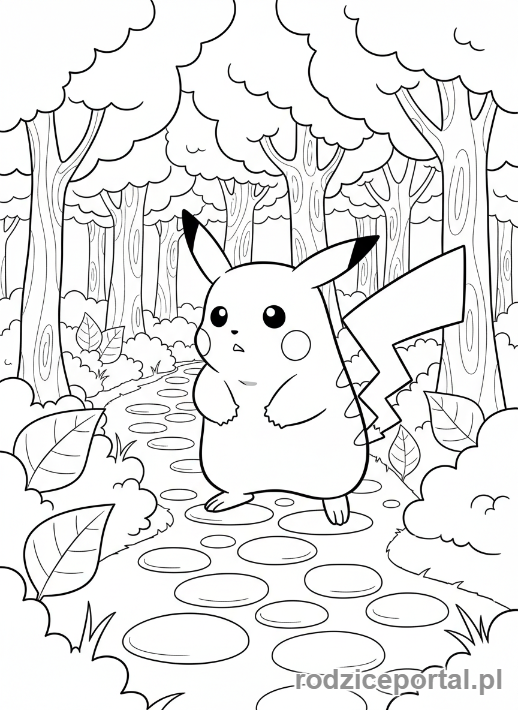 Kolorowanka Pikachu - Pikachu ciekawie odkrywający leśną ścieżkę.