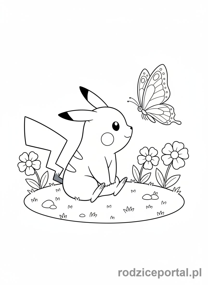 Kolorowanka Pikachu - Pikachu delikatnie obserwujący motyla.