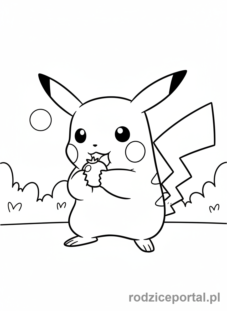 Kolorowanka Pikachu - Pikachu jedzący małą jagodę.