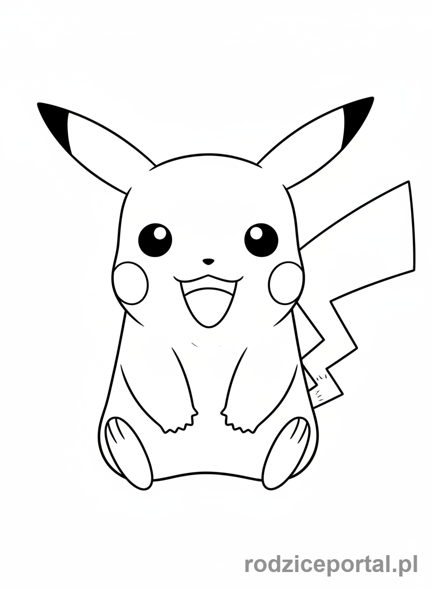 Kolorowanka Pikachu - Pikachu siedzący i szeroko się uśmiechający.