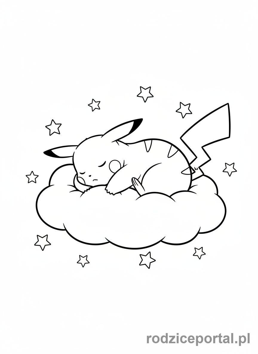 Kolorowanka Pikachu - Śpiący Pikachu na miękkiej chmurce.
