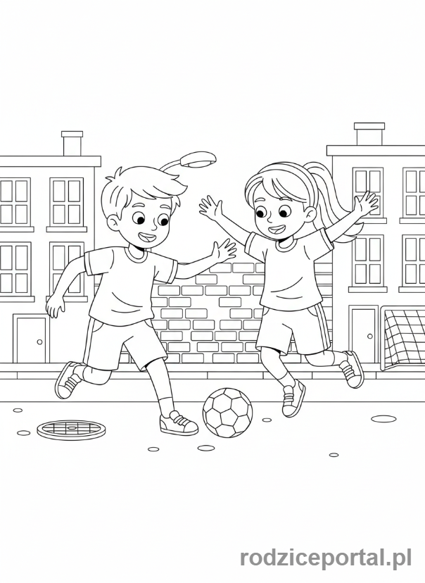 Kolorowanka Piłkarskie - Dzieciaki grajace w pilke na podworku