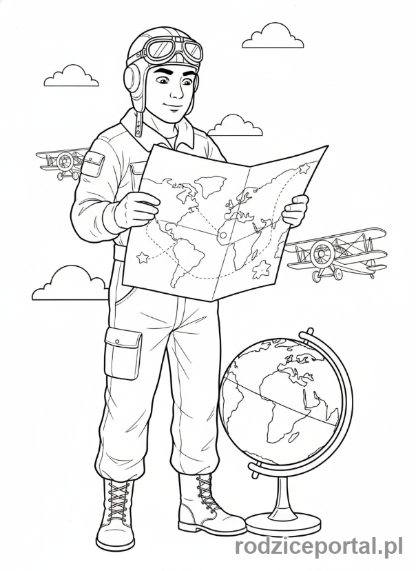 Kolorowanka Pilot - Pilot z mapą i globusem