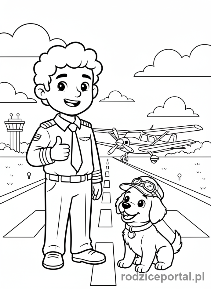 Kolorowanka Pilot - Pilot z psem na lotnisku