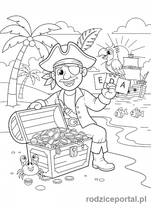 Kolorowanka Piraci Edukacyjne - Pirat i papuga z alfabetem