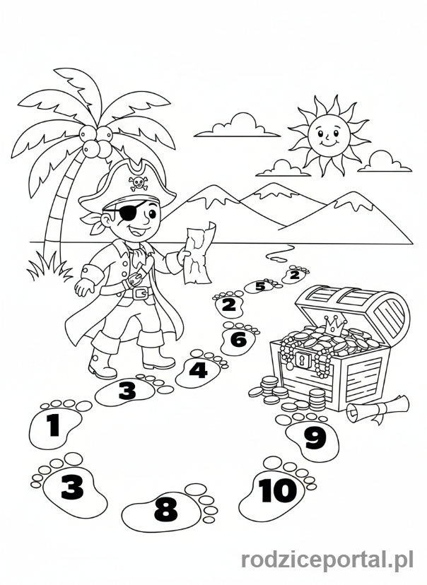 Kolorowanka Piraci Edukacyjne - Pirat liczący kroki do skarbu