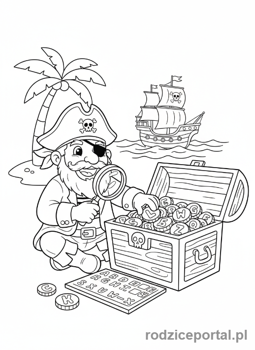 Kolorowanka Piraci Edukacyjne - Pirat liczący skarby liter