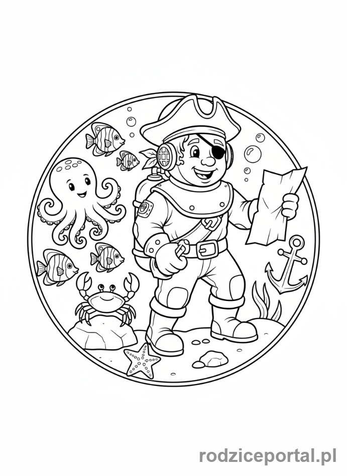 Kolorowanka Piraci Edukacyjne - Pirat poznający zwierzęta morskie