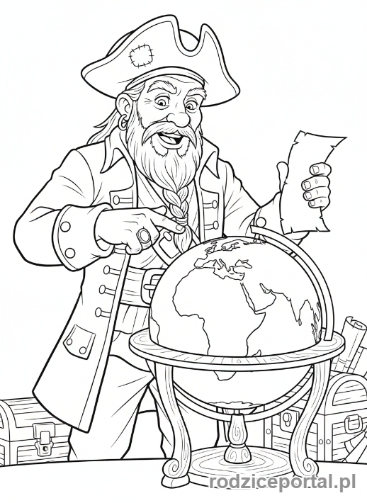 Kolorowanka Piraci Edukacyjne - Pirat z edukacyjnym globusem
