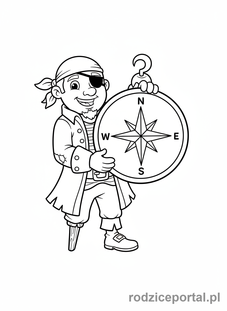 Kolorowanka Piraci Edukacyjne - Pirat z kompasem i kierunkami