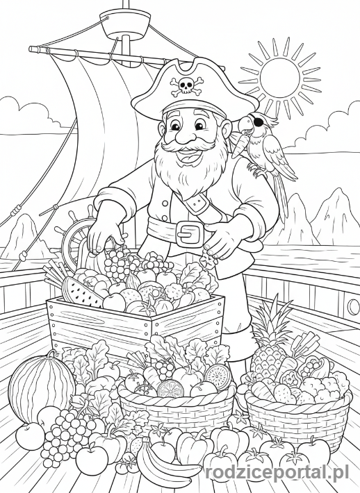 Kolorowanka Piraci Edukacyjne - Pirat z pirackimi warzywami i owocami