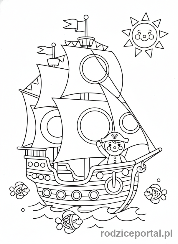 Kolorowanka Piraci Edukacyjne - Statek piracki z geometrycznymi żaglami