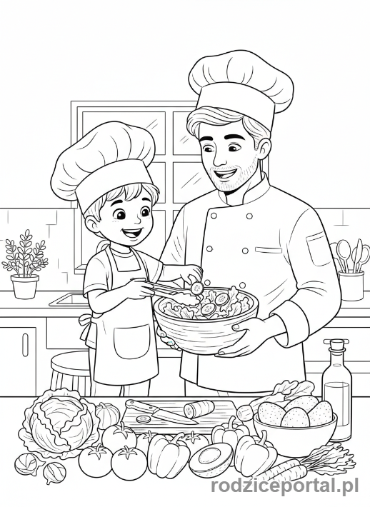 Kolorowanka Piramida Żywienia - Chłopiec pomaga w kuchni