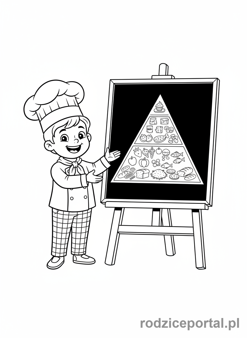 Kolorowanka Piramida Żywienia - Mały kucharz prezentuje piramidę