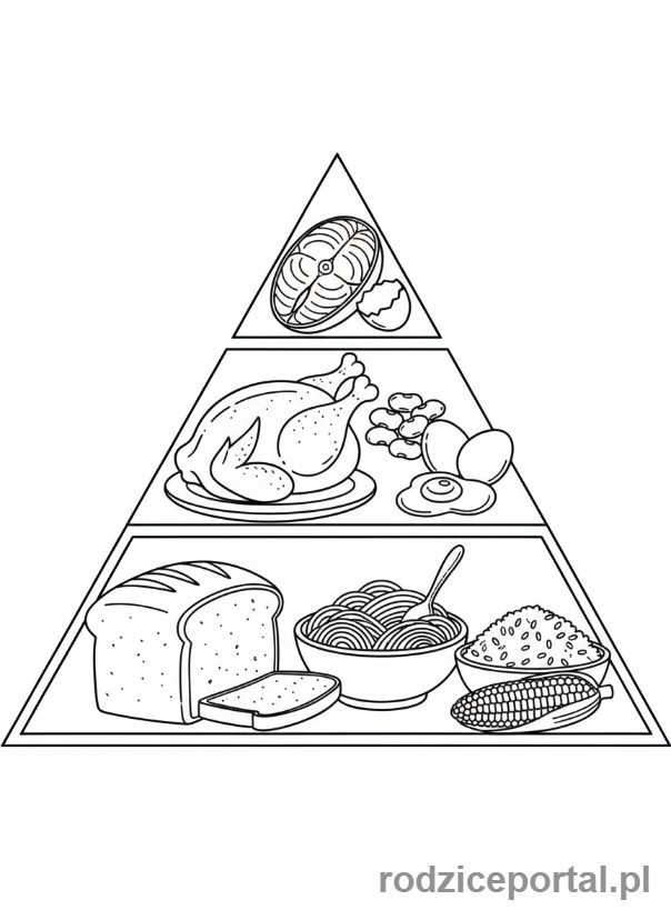 Kolorowanka Piramida Żywienia - Środkowe warstwy piramidy: zboża i białko