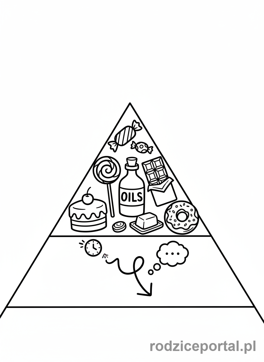 Kolorowanka Piramida Żywienia - Szczyt piramidy: słodycze i tłuszcze