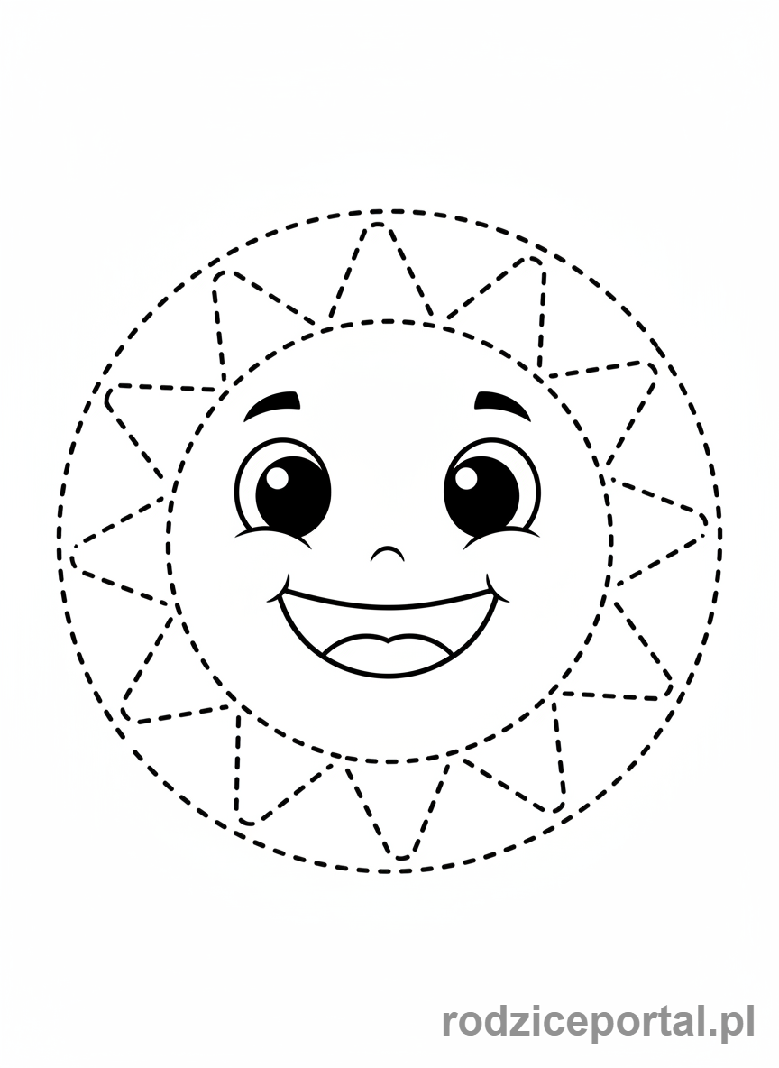 Kolorowanka Pisanie Po Śladzie - Koło z uśmiechniętym słońcem