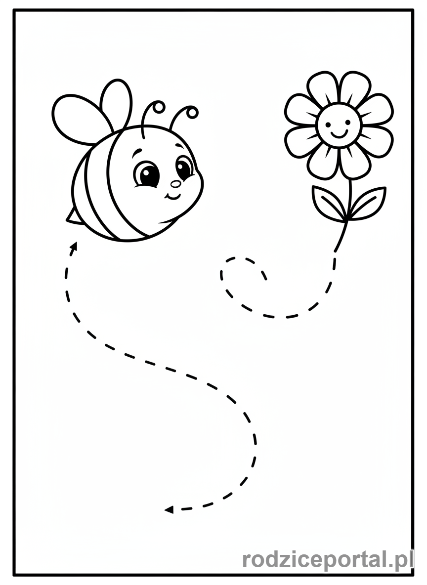 Kolorowanka Pisanie Po Śladzie - Pszczoła leci do kwiatka po śladzie