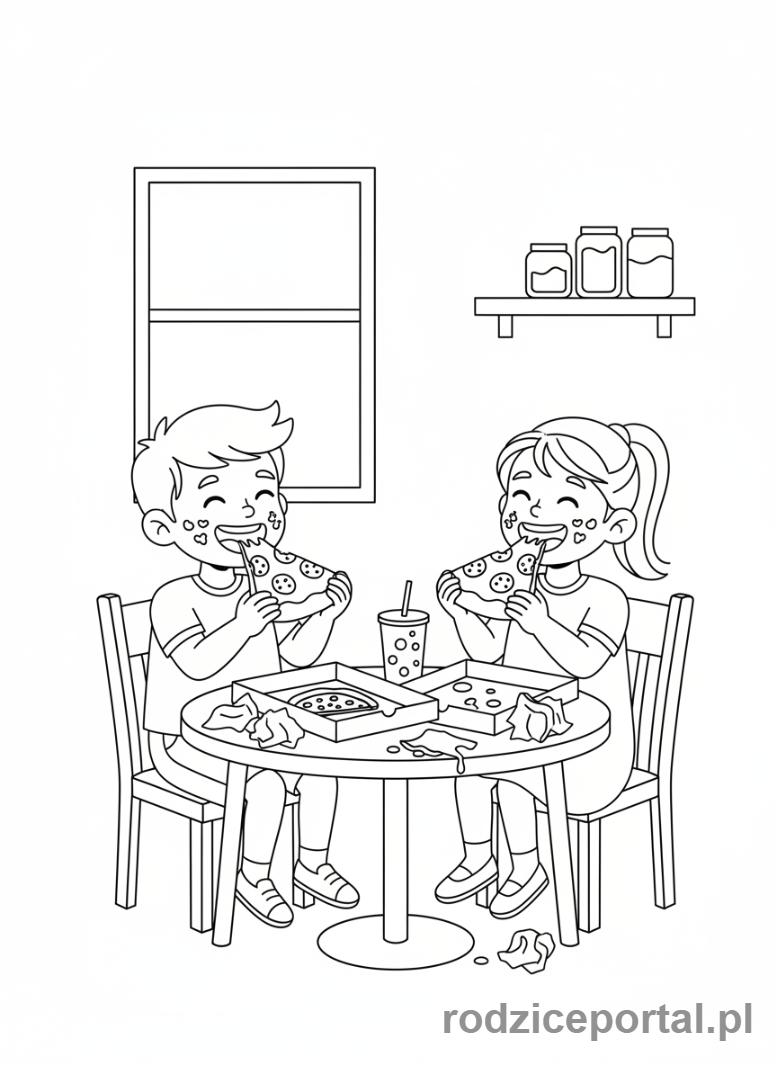 Kolorowanka Pizza - Dzieci jedza pizze