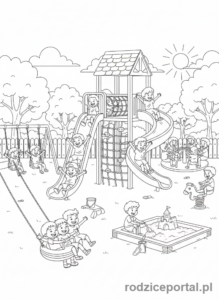 Kolorowanka Plac Zabaw - Dzieci na placu zabaw