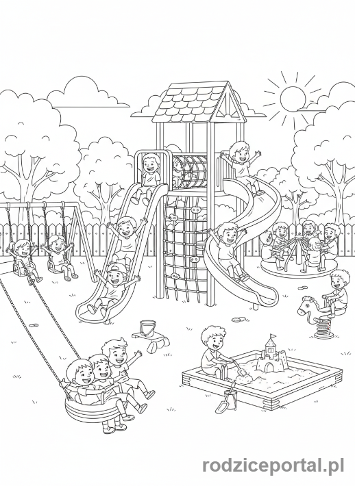 Kolorowanka Plac Zabaw - Dzieci na placu zabaw