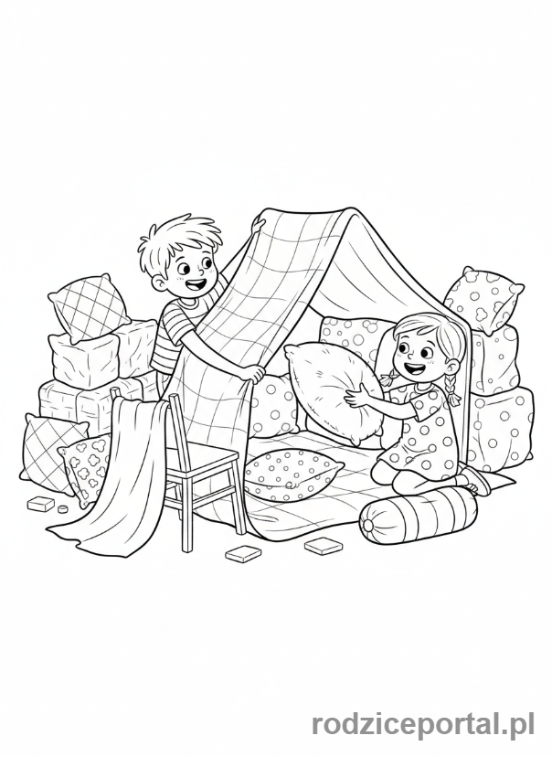 Kolorowanka Plan Dnia Dziecka - Budowanie bazy z koców i poduszek