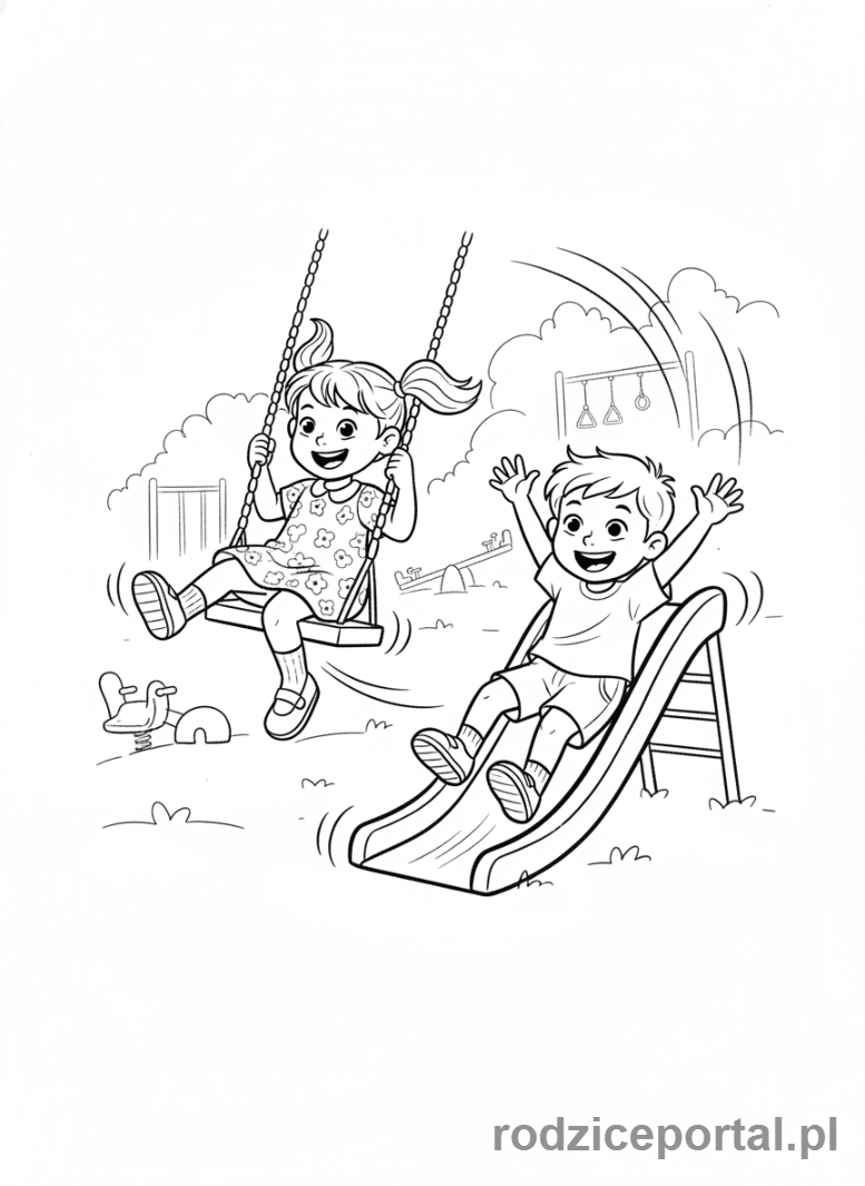 Kolorowanka Plan Dnia Dziecka - Dzieci bawiące się na placu zabaw