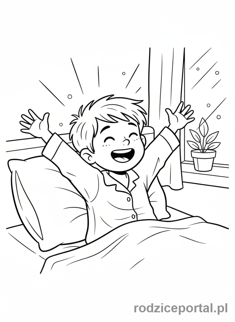 Kolorowanka Plan Dnia Dziecka - Dziecko budzi się w łóżku