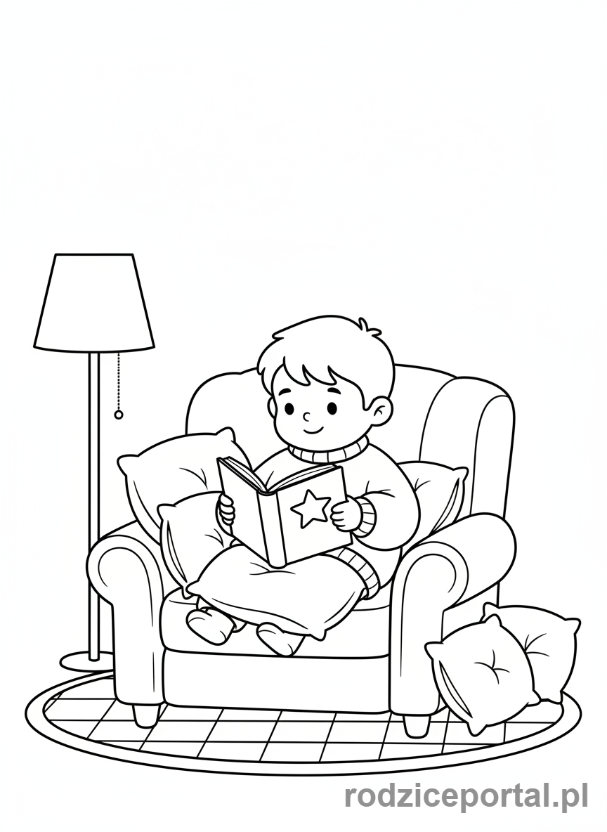 Kolorowanka Plan Dnia Dziecka - Dziecko czytające książkę w fotelu