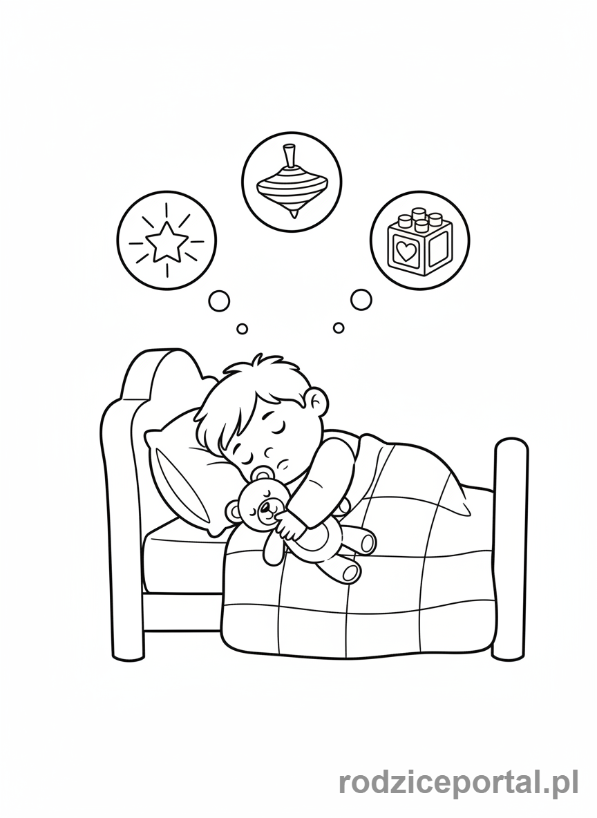 Kolorowanka Plan Dnia Dziecka - Dziecko śpiące i śniące o zabawkach