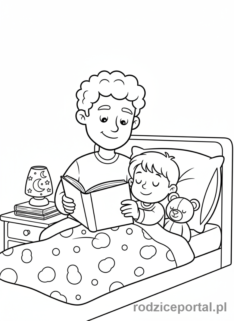Kolorowanka Plan Dnia Dziecka - Rodzic czytający bajkę na dobranoc