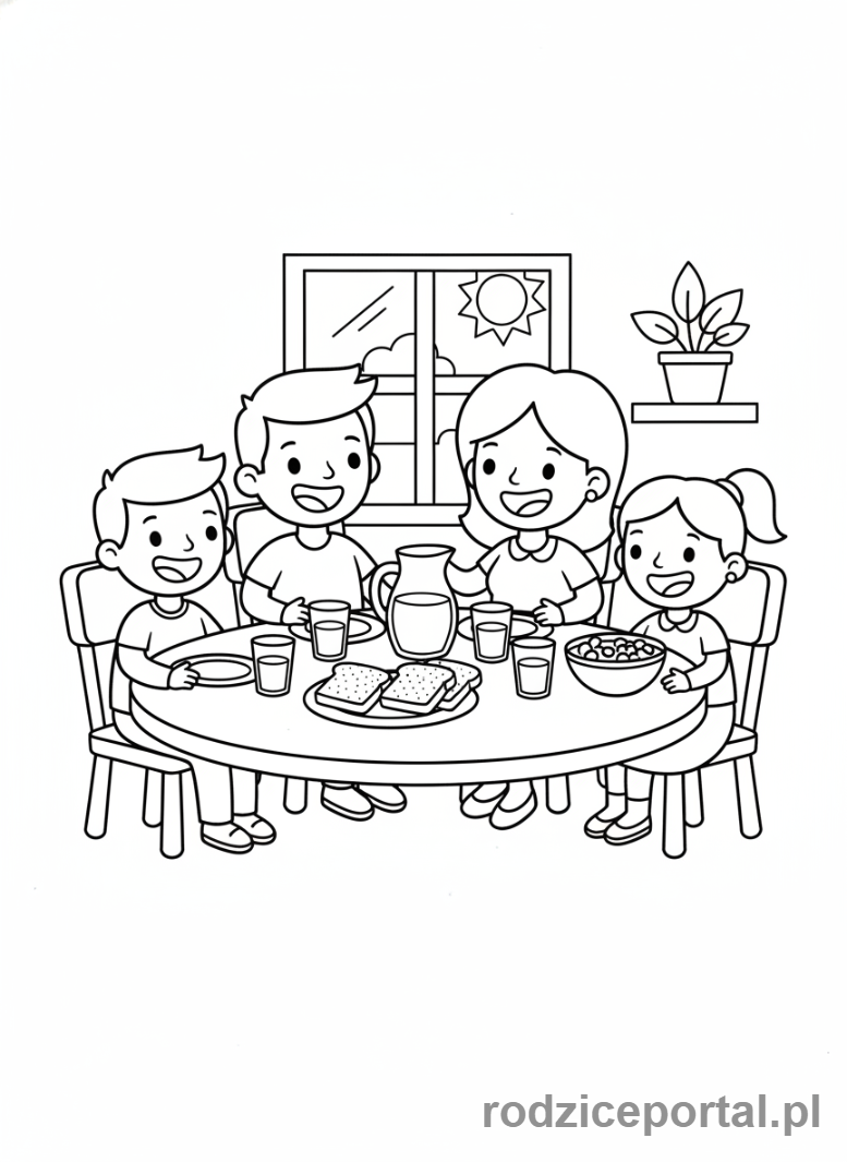 Kolorowanka Plan Dnia Dziecka - Rodzinne śniadanie przy stole
