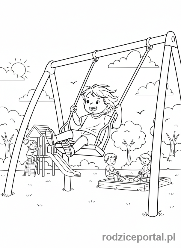 Kolorowanka Plan Dnia - Dziecko bawi się na huśtawce na placu zabaw.