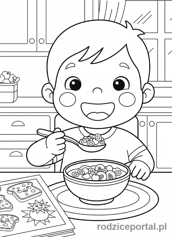 Kolorowanka Plan Dnia - Dziecko je śniadanie przy kuchennym stole.