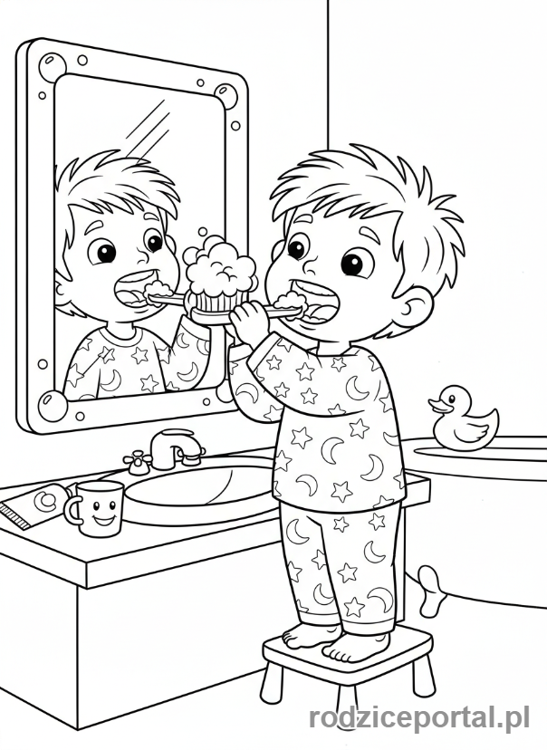 Kolorowanka Plan Dnia - Dziecko myje zęby przed lustrem w łazience.