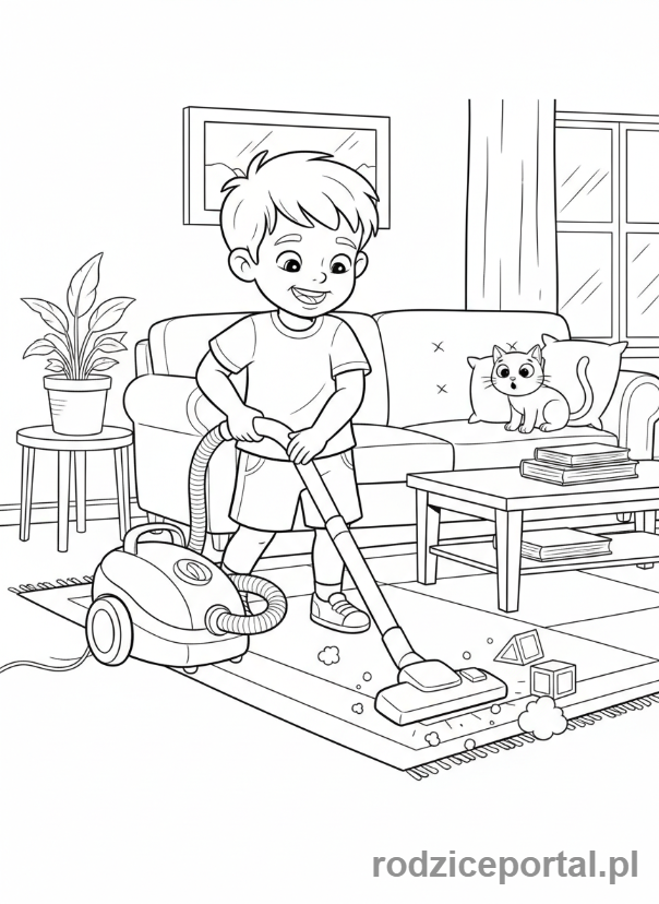 Kolorowanka Plan Dnia - Dziecko pomaga w sprzątaniu domu, odkurzając.