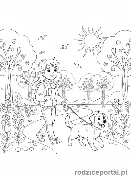 Kolorowanka Plan Dnia - Dziecko spaceruje z psem w parku.