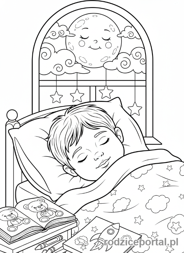 Kolorowanka Plan Dnia - Dziecko śpi spokojnie w łóżku pod kocem.