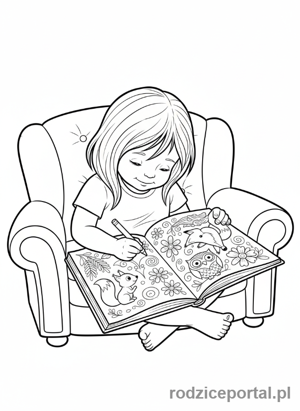 Kolorowanka Plan Dnia - Dziecko spokojnie czyta książkę w fotelu.