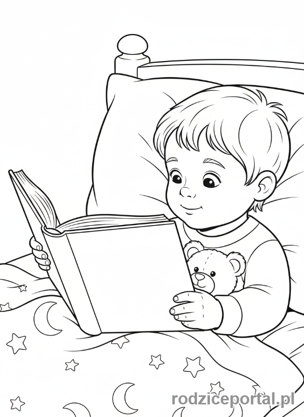 Kolorowanka Plan Dnia - Dziecko słucha bajki na dobranoc czytanej przez rodzica.