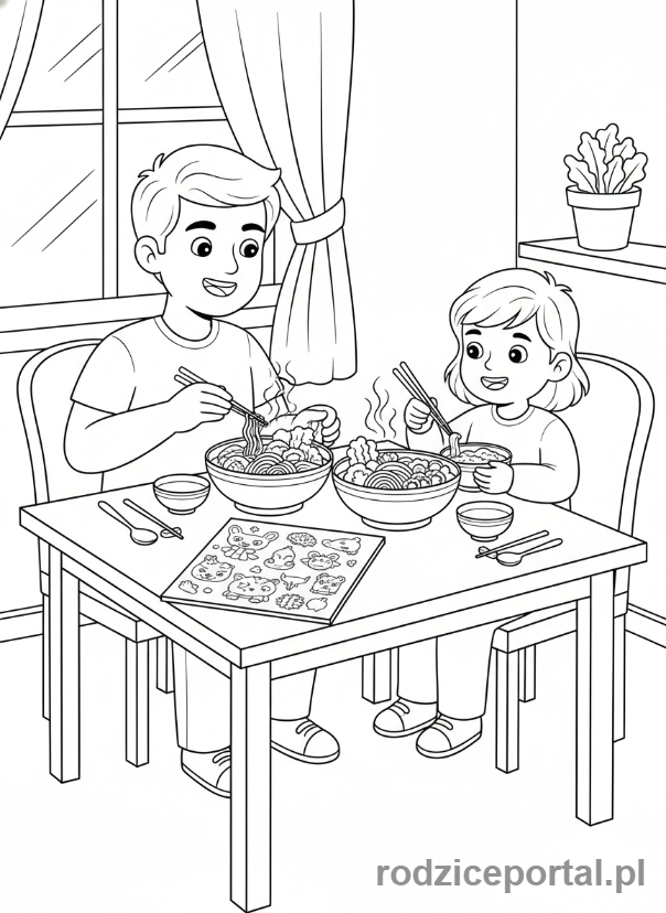 Kolorowanka Plan Dnia - Rodzina je obiad razem przy stole.