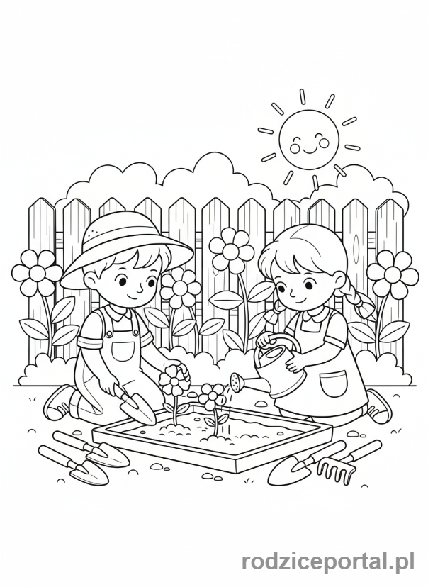 Kolorowanka Plan Tygodnia - Dzieci sadzą kwiaty
