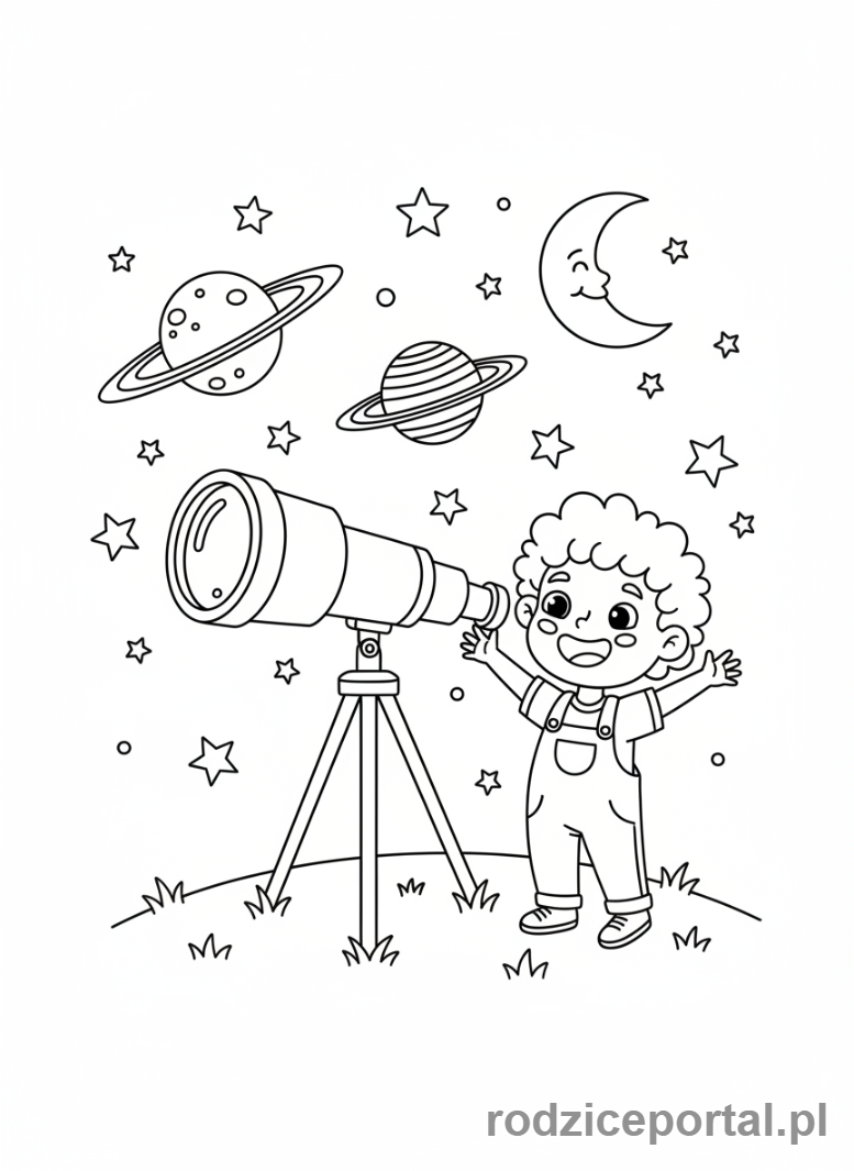 Kolorowanka Planety - Dziecko z teleskopem i planetami