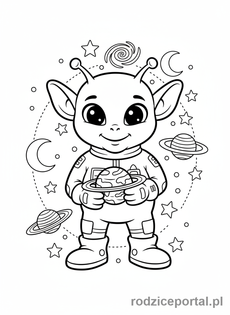 Kolorowanka Planety - Przyjazny kosmita z modelem planety