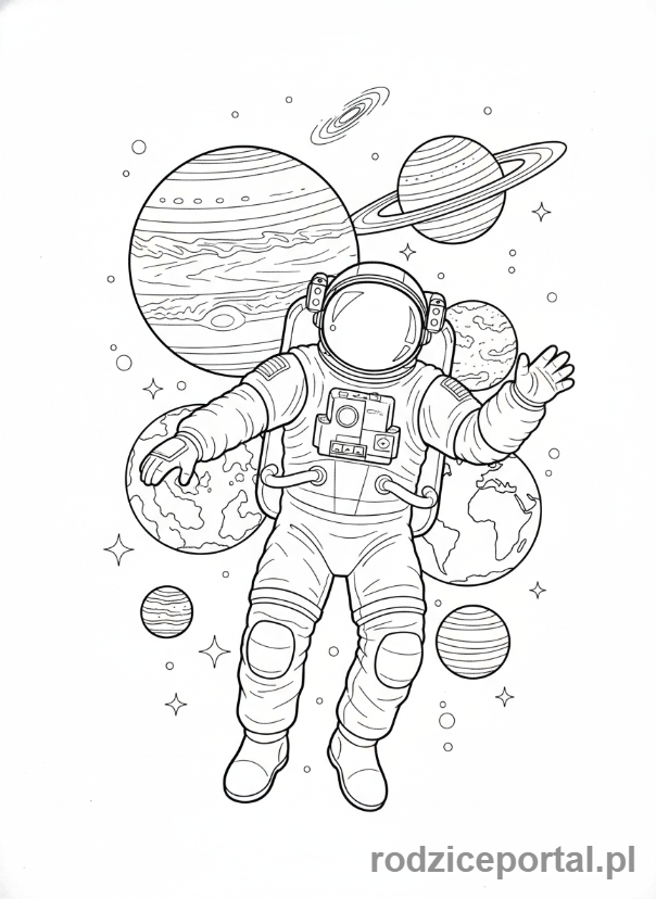 Kolorowanka Planety Układ Słoneczny - Astronauta i planety