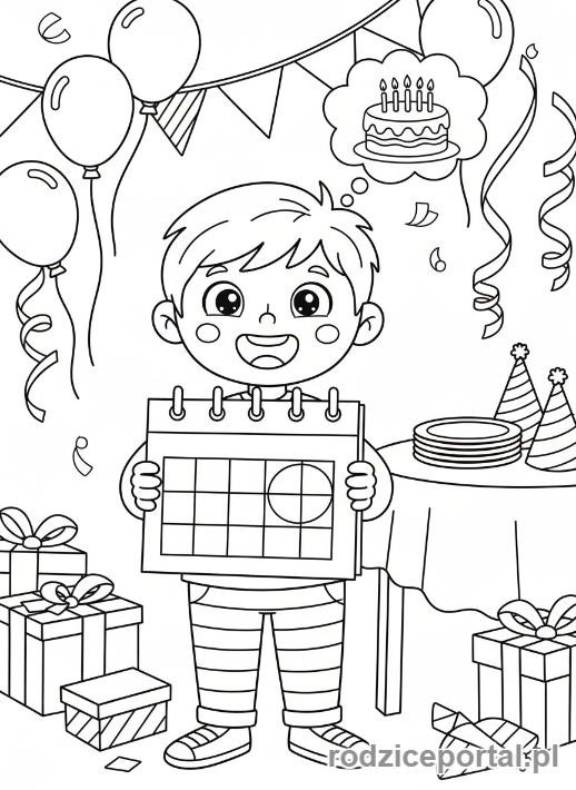 Kolorowanka Planowanie - Dziecko z kalendarzem, planujące przyjęcie urodzinowe.